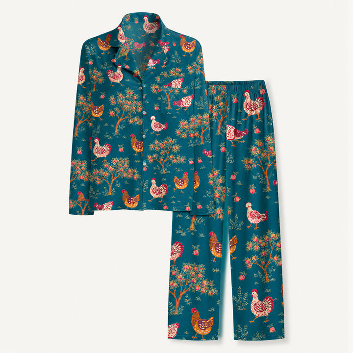 Country Chicken & Orchard Print Long Pajama Set  Sale - CottonPoppy
