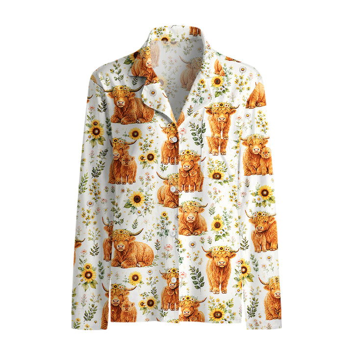 Spring Highland Cow Floral Print Long Pajama Set  Sale - CottonPoppy