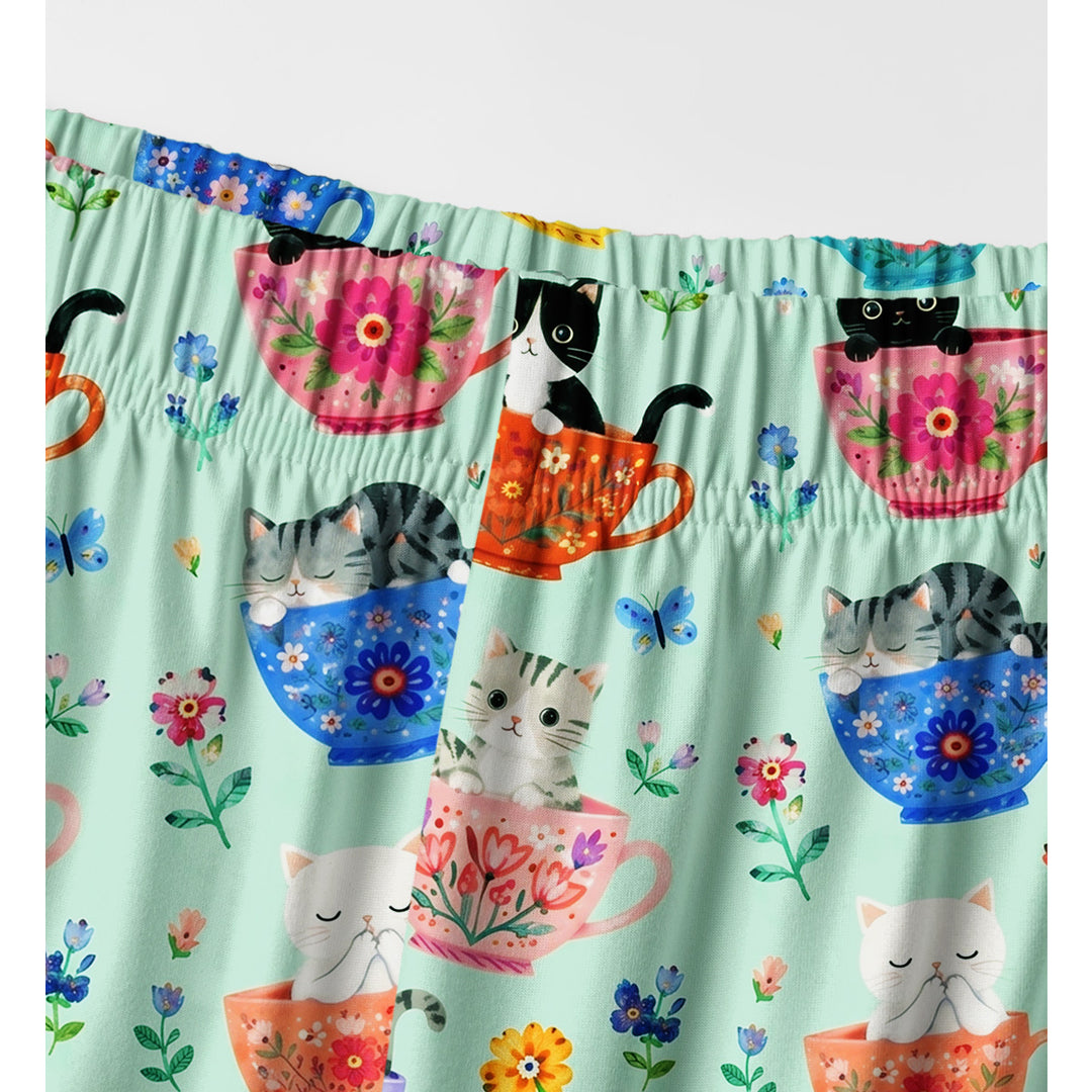 Cute Teacup Kitten Print Long Pajama Set  Sale - CottonPoppy