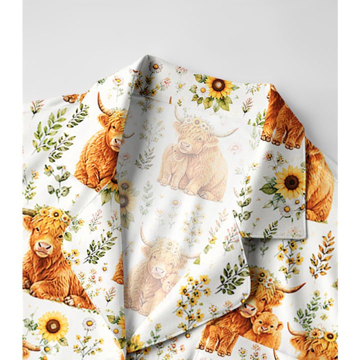 Spring Highland Cow Floral Print Long Pajama Set  Sale - CottonPoppy