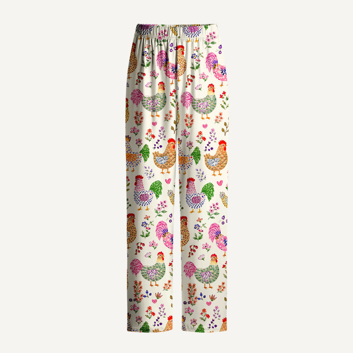Colorful Farm Chickens Print Long Pajama Set  Sale - CottonPoppy