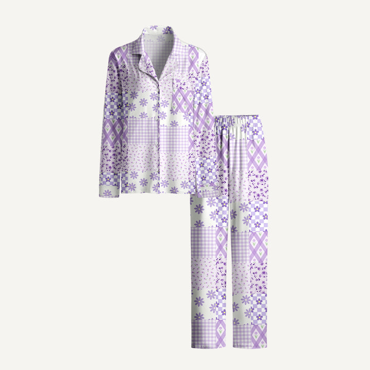Lavender Daisy & Gingham Print Long Pajama Set  Sale - CottonPoppy