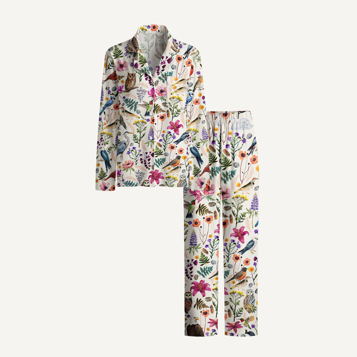 Whimsical Woodland Birds Wildflowers Print Long Pajama Set  Sale - CottonPoppy