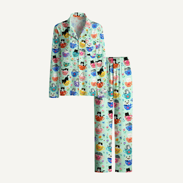 Cute Teacup Kitten Print Long Pajama Set  Sale - CottonPoppy