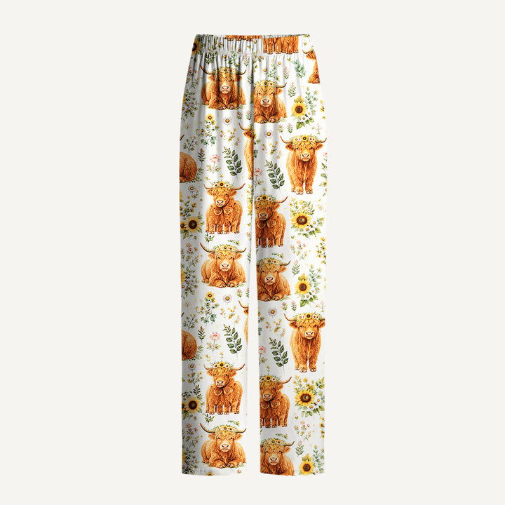 Spring Highland Cow Floral Print Long Pajama Set  Sale - CottonPoppy
