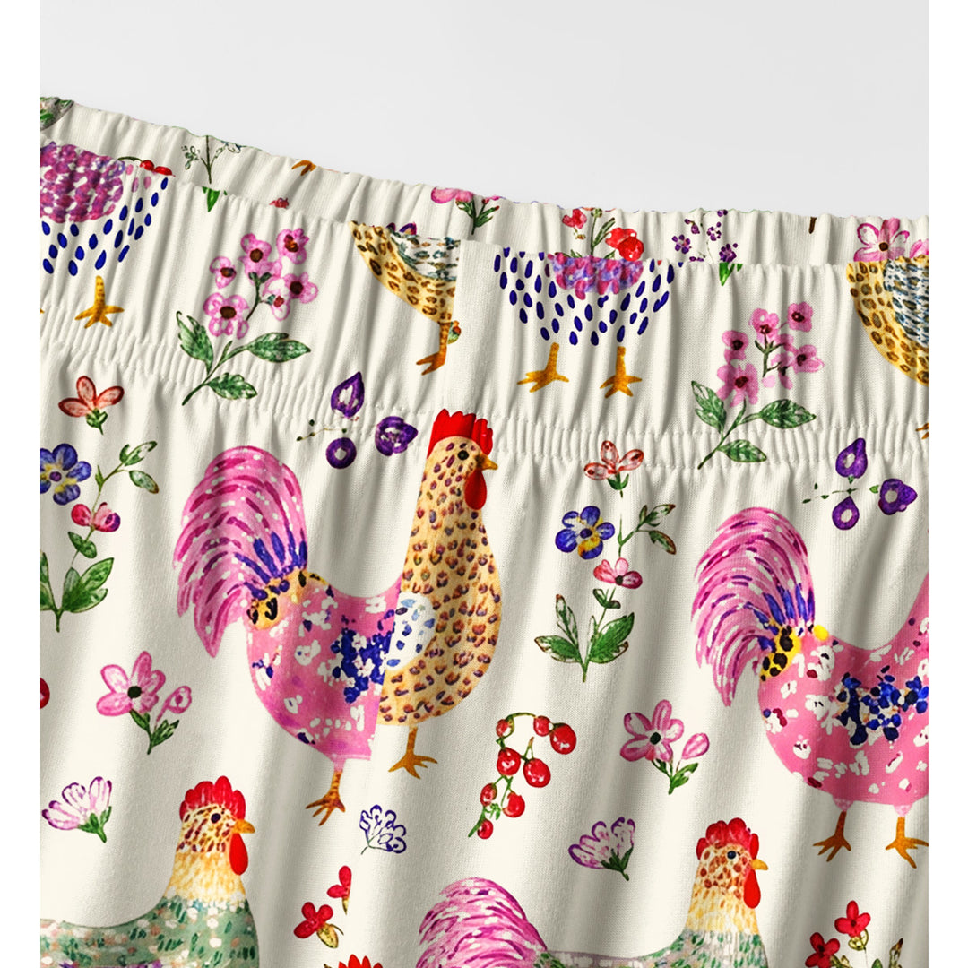 Colorful Farm Chickens Print Long Pajama Set  Sale - CottonPoppy