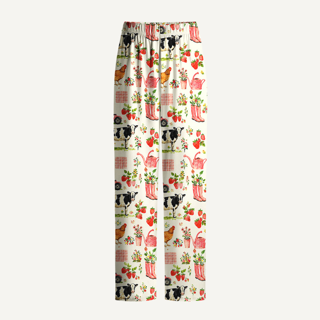 Watercolor Pink Farm Chicken Print Long Pajama Set  Sale - CottonPoppy