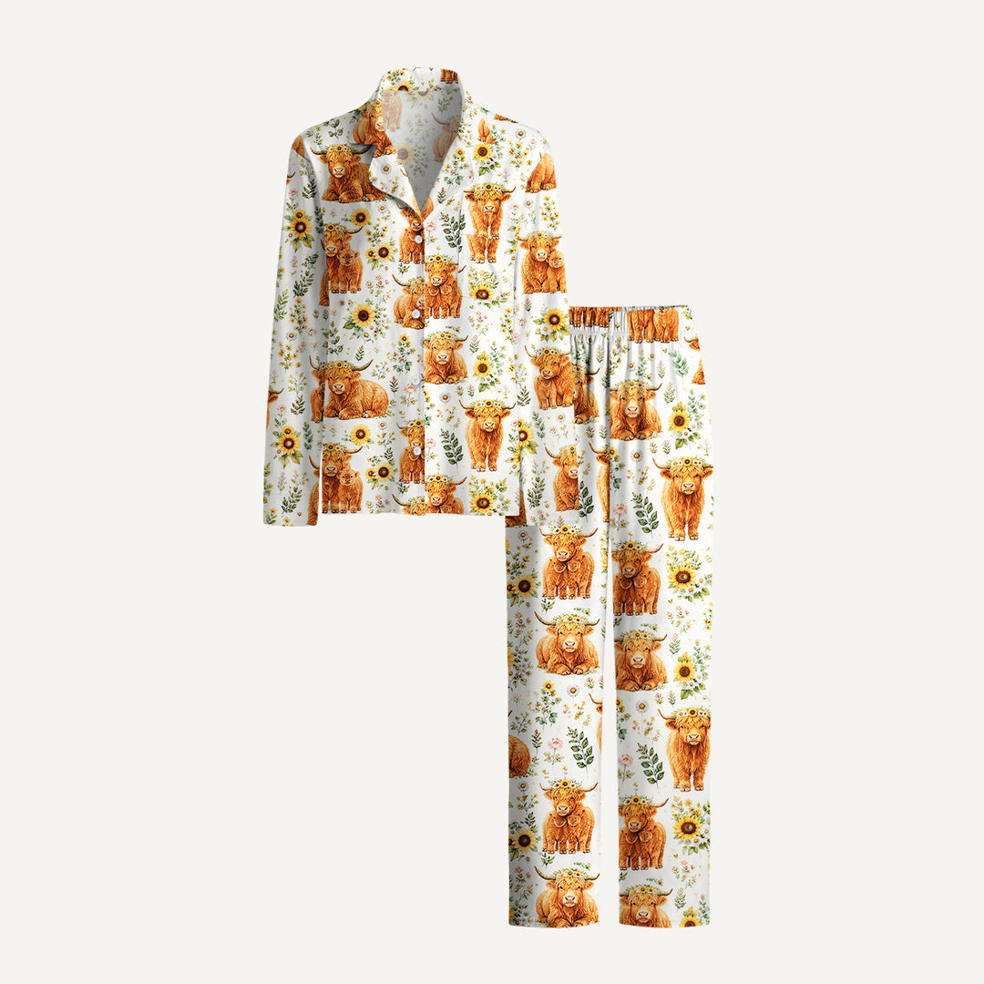 Spring Highland Cow Floral Print Long Pajama Set  Sale - CottonPoppy