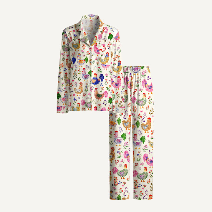 Colorful Farm Chickens Print Long Pajama Set  Sale - CottonPoppy