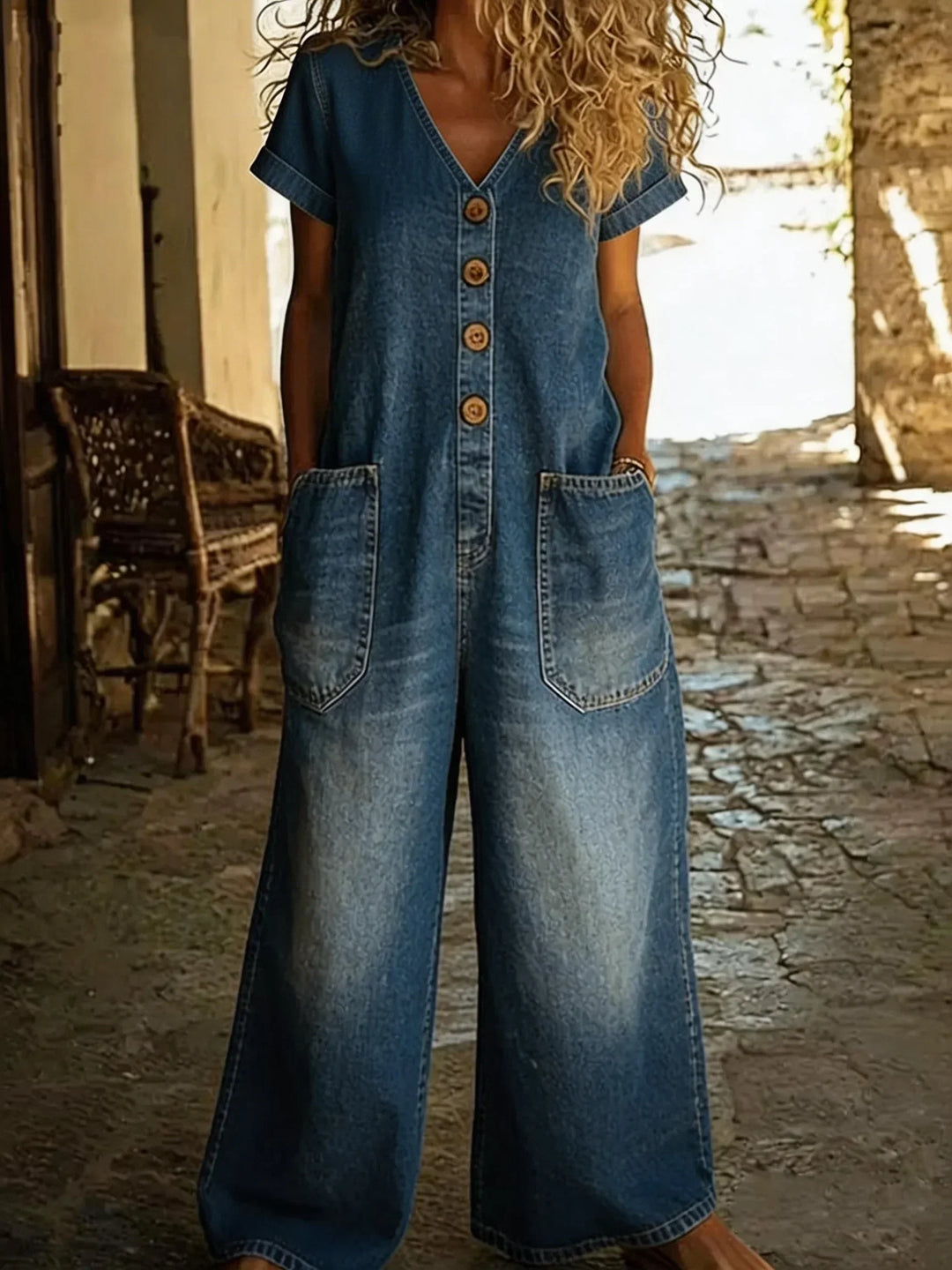 Denise | Denim yleisöhaalari V-päällä ja lyhyillä hihoilla | Anne Helsinki