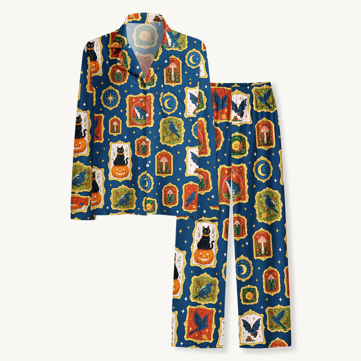 Black Cat & Pumpkin Patch Print Long Pajama Set  Sale - CottonPoppy