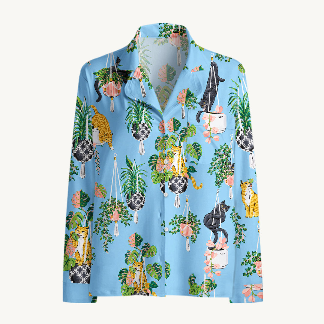 Black Cat & Pumpkin Patch Print Long Pajama Set  Sale - CottonPoppy