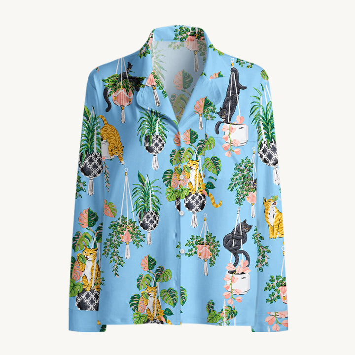Black Cat & Pumpkin Patch Print Long Pajama Set  Sale - CottonPoppy