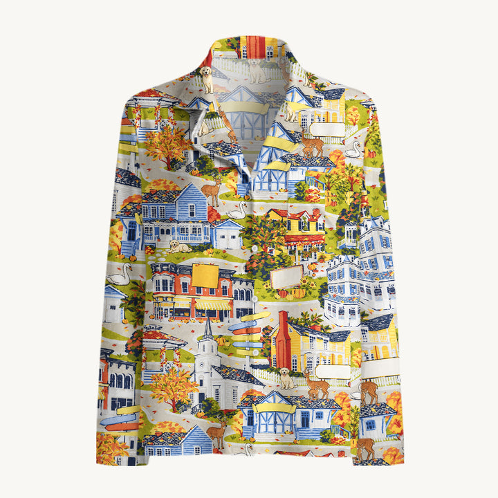 Autumn Village & Woodland Animals Print Long Pajama Set  Sale - CottonPoppy