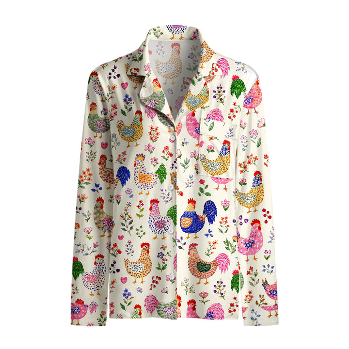Colorful Farm Chickens Print Long Pajama Set  Sale - CottonPoppy