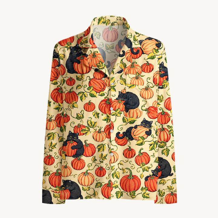 Black Cat & Pumpkin Patch Print Long Pajama Set  Sale - CottonPoppy