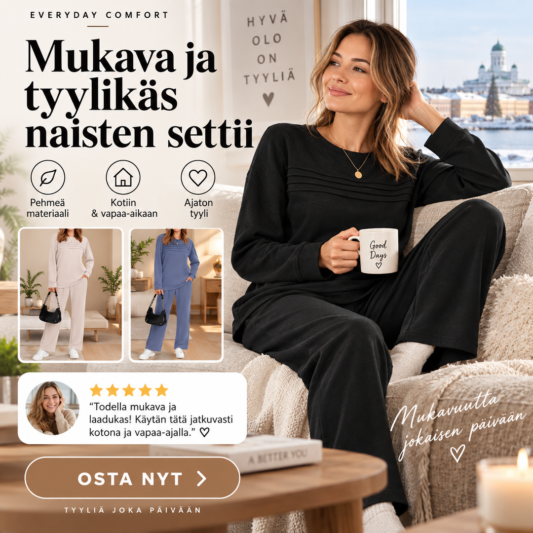 Vuokko | Pyöreäpääntiepaita ja nyörihousut | Anne Helsinki