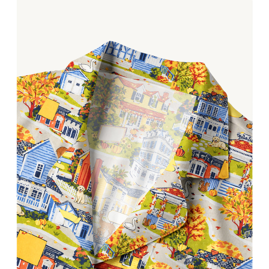 Autumn Village & Woodland Animals Print Long Pajama Set  Sale - CottonPoppy