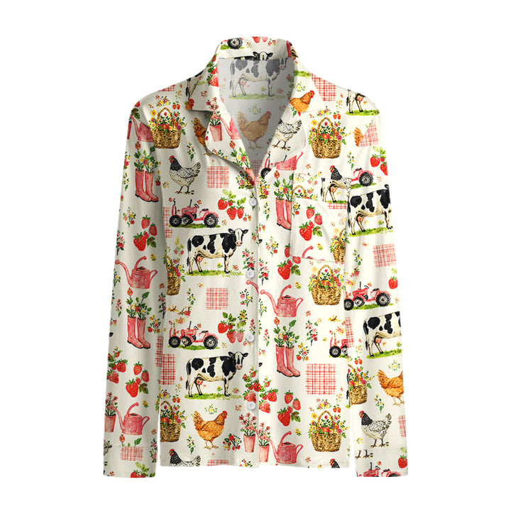 Watercolor Pink Farm Chicken Print Long Pajama Set  Sale - CottonPoppy