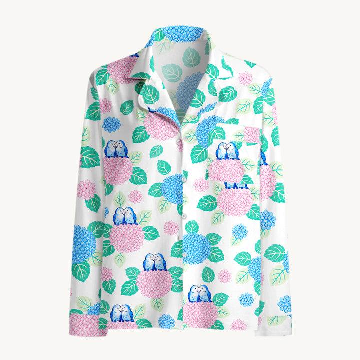 Hydrangea & Blue Bird Garden Print Long Pajama Set  Sale - CottonPoppy