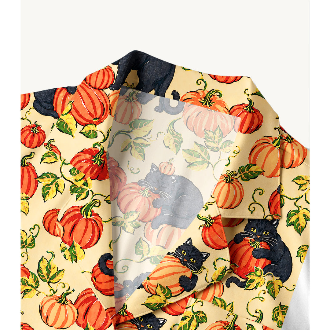 Black Cat & Pumpkin Patch Print Long Pajama Set  Sale - CottonPoppy