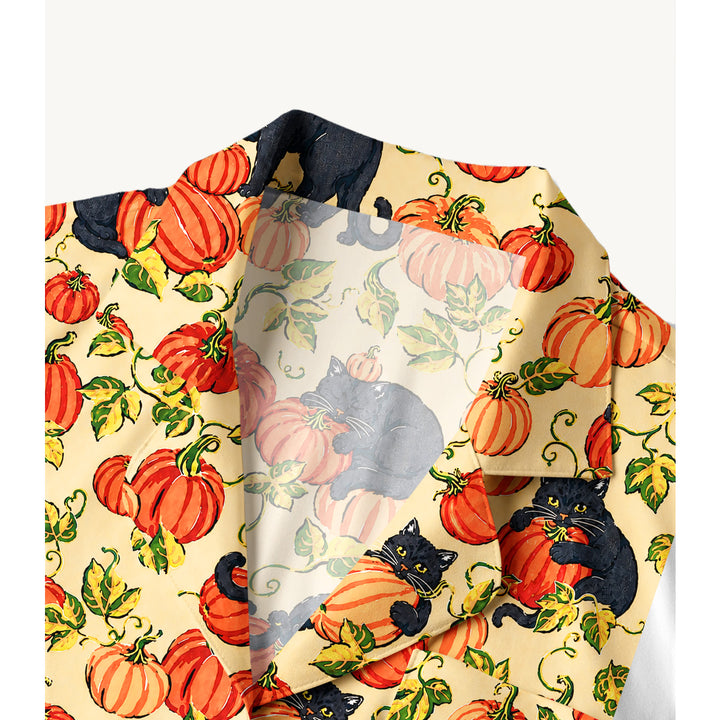 Black Cat & Pumpkin Patch Print Long Pajama Set  Sale - CottonPoppy
