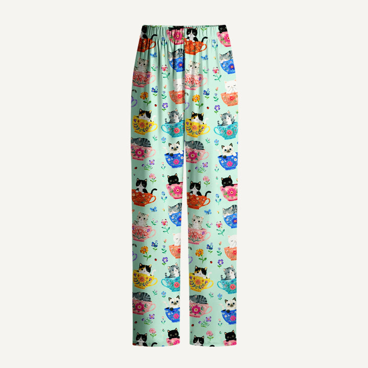 Cute Teacup Kitten Print Long Pajama Set  Sale - CottonPoppy