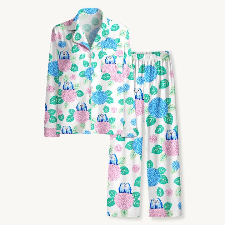Hydrangea & Blue Bird Garden Print Long Pajama Set  Sale - CottonPoppy