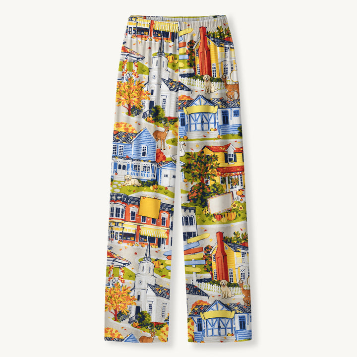Autumn Village & Woodland Animals Print Long Pajama Set  Sale - CottonPoppy