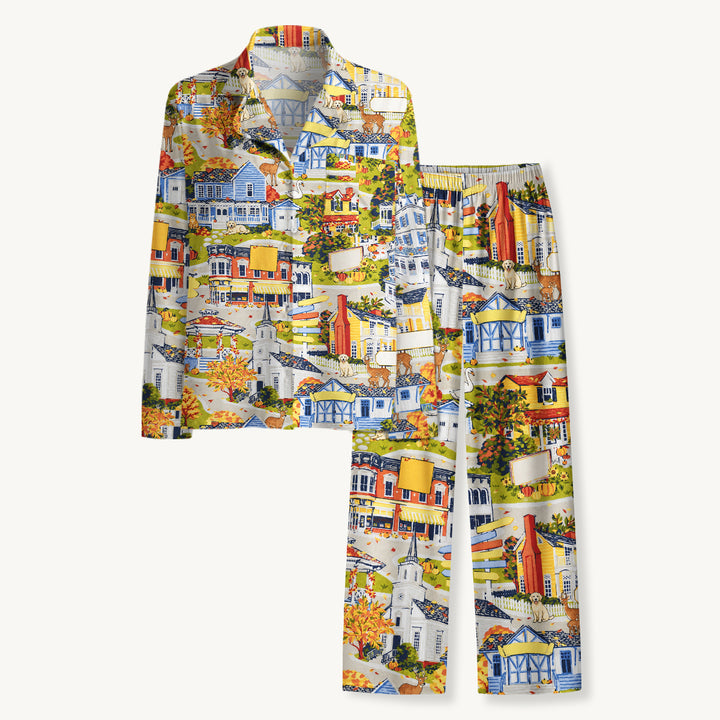 Autumn Village & Woodland Animals Print Long Pajama Set  Sale - CottonPoppy