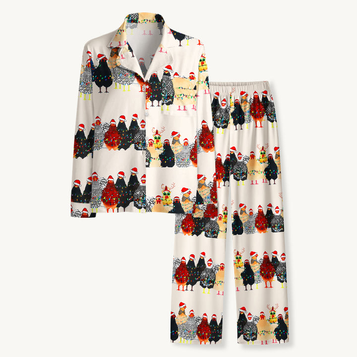 Festive Christmas Chicken Print Long Pajama Set  Sale - CottonPoppy