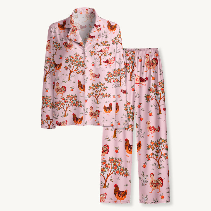 Country Chicken & Orchard Print Long Pajama Set  Sale - CottonPoppy
