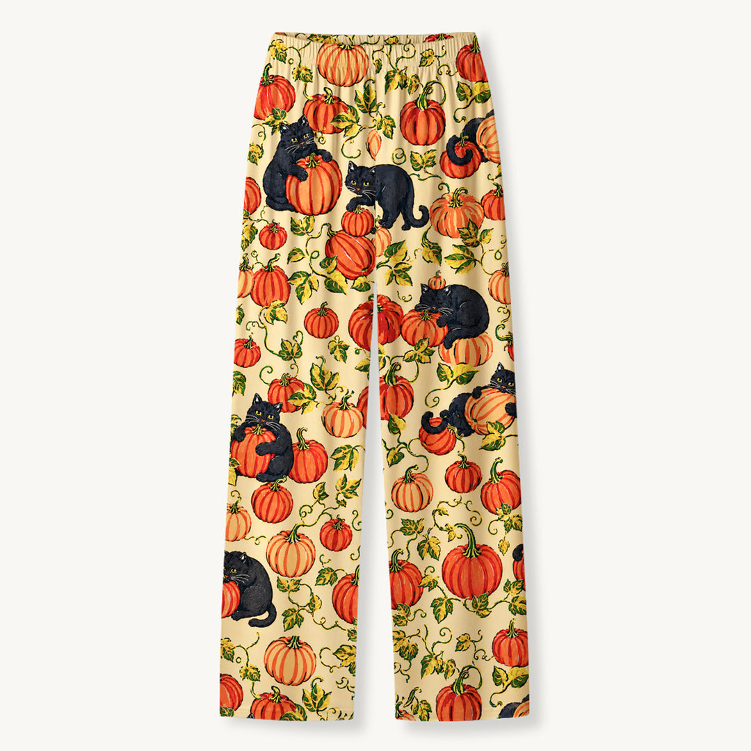 Black Cat & Pumpkin Patch Print Long Pajama Set  Sale - CottonPoppy