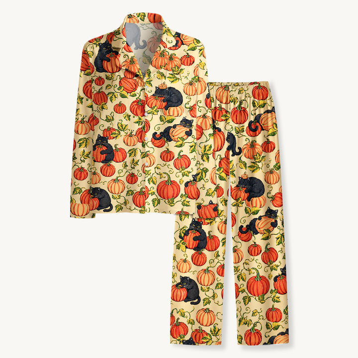 Black Cat & Pumpkin Patch Print Long Pajama Set  Sale - CottonPoppy