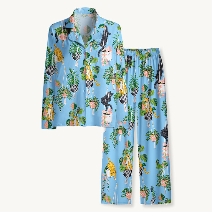 Black Cat & Pumpkin Patch Print Long Pajama Set  Sale - CottonPoppy