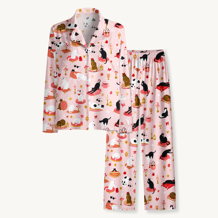 Black Cat & Pumpkin Patch Print Long Pajama Set  Sale - CottonPoppy