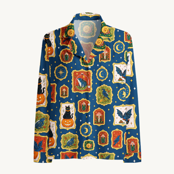 Black Cat & Pumpkin Patch Print Long Pajama Set  Sale - CottonPoppy