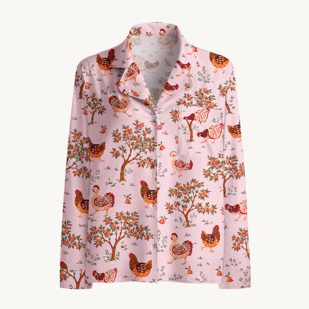 Country Chicken & Orchard Print Long Pajama Set  Sale - CottonPoppy