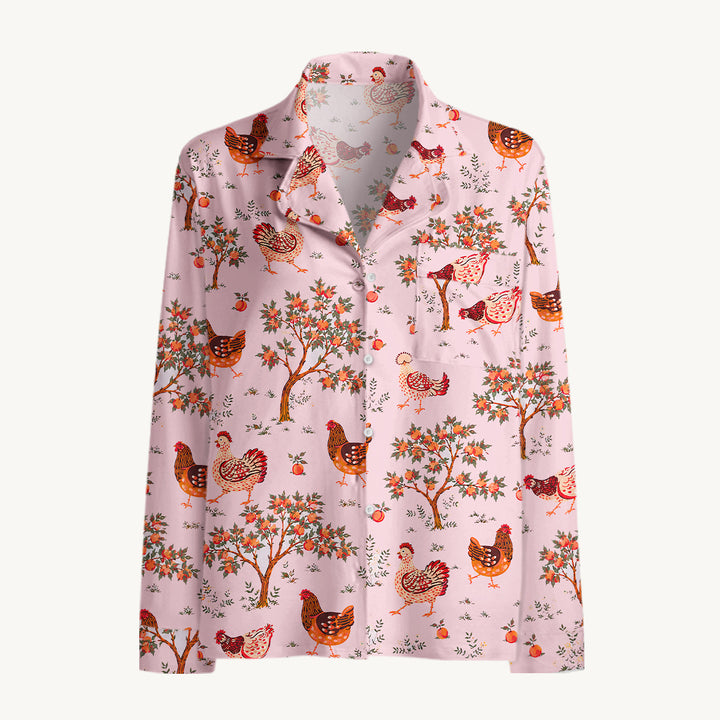 Country Chicken & Orchard Print Long Pajama Set  Sale - CottonPoppy
