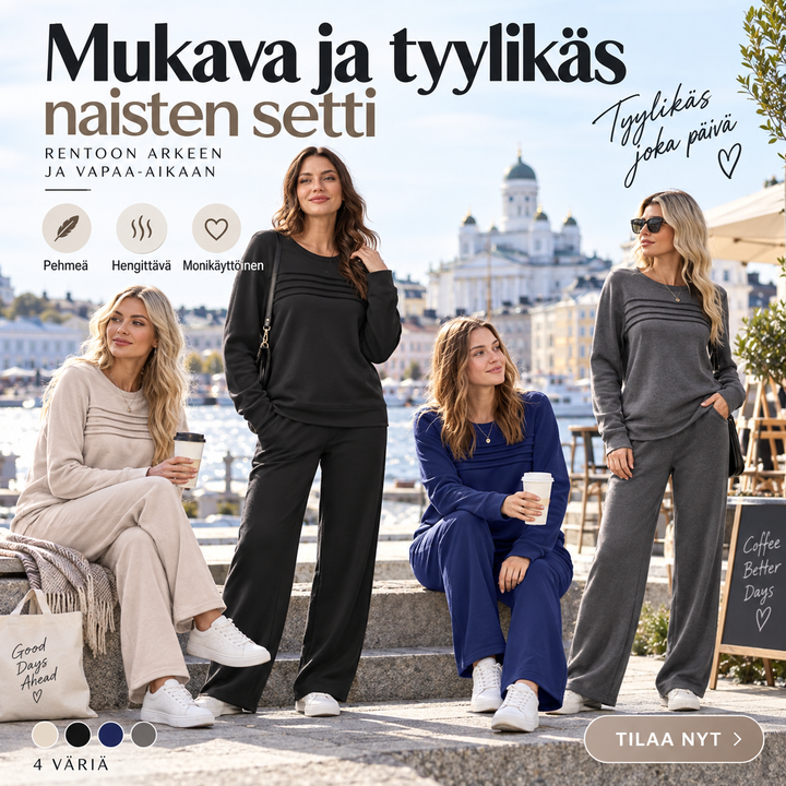 Vuokko | Pyöreäpääntiepaita ja nyörihousut | Anne Helsinki