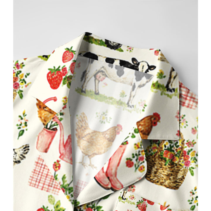 Watercolor Pink Farm Chicken Print Long Pajama Set  Sale - CottonPoppy