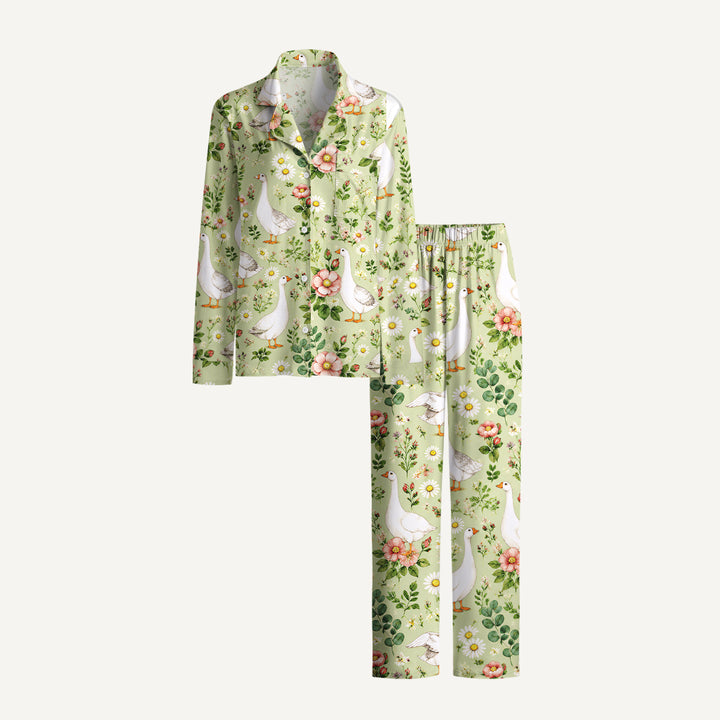 Pastoral Goose Garden Print Long Pajama Set  Sale - CottonPoppy