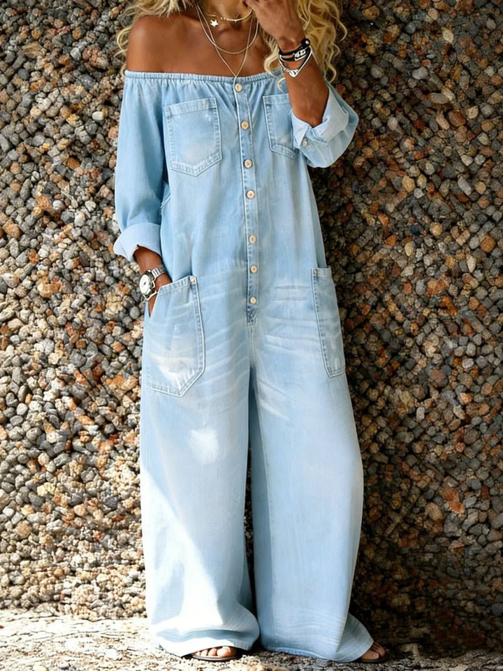 Noa | Denim yksiosainen puku Off-shoulder kaula-aukolla | Anne Helsinki