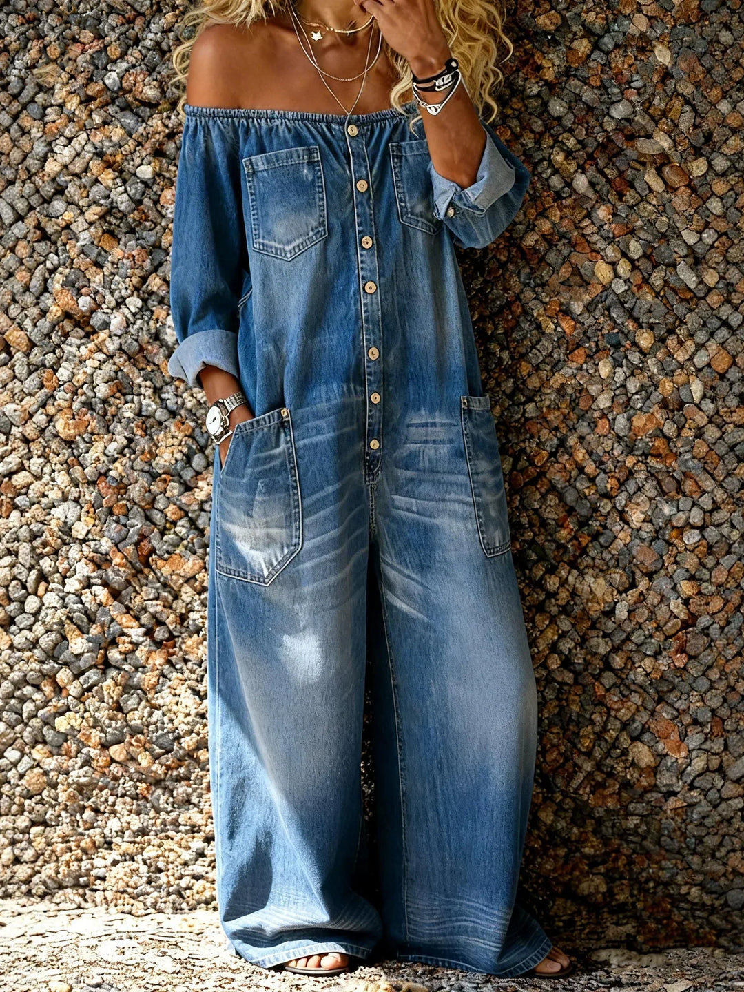 Noa | Denim yksiosainen puku Off-shoulder kaula-aukolla | Anne Helsinki