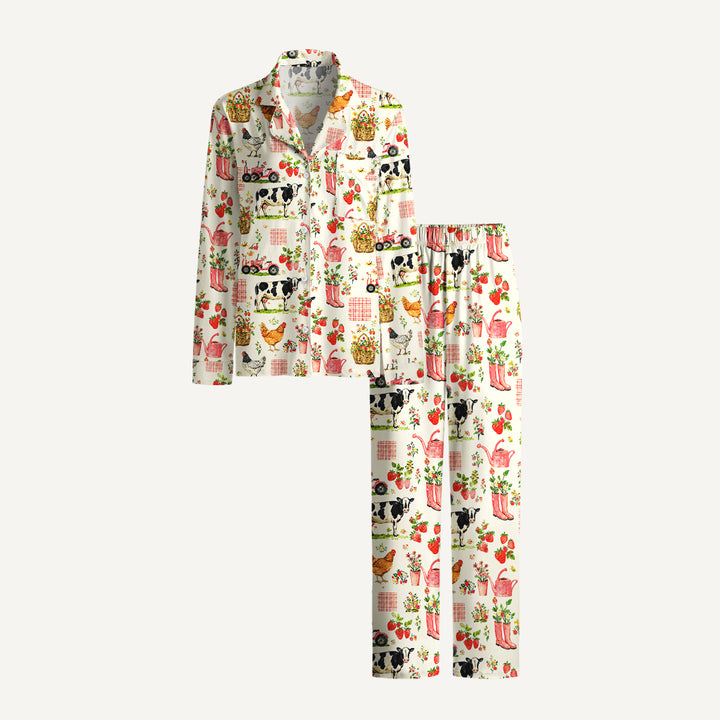 Watercolor Pink Farm Chicken Print Long Pajama Set  Sale - CottonPoppy