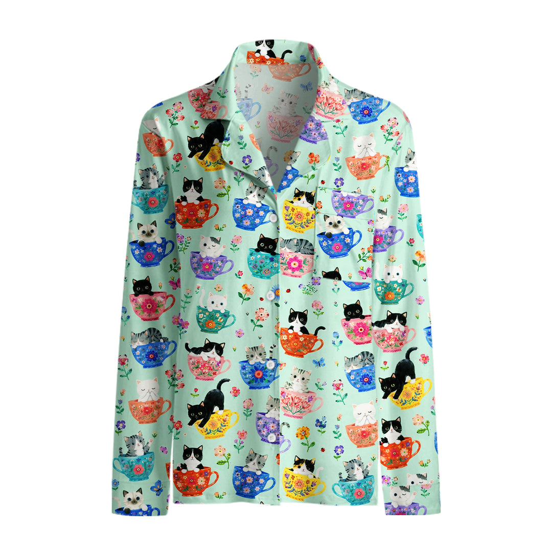 Cute Teacup Kitten Print Long Pajama Set  Sale - CottonPoppy