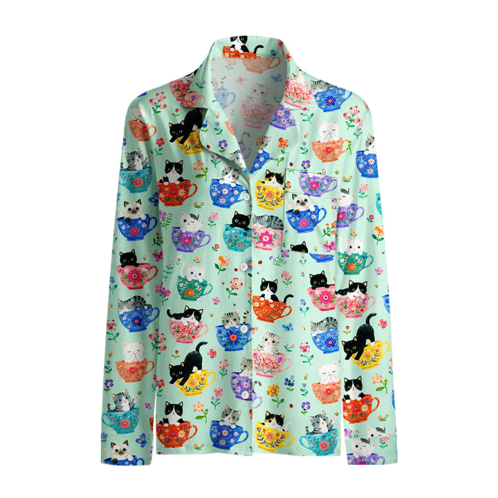 Cute Teacup Kitten Print Long Pajama Set  Sale - CottonPoppy