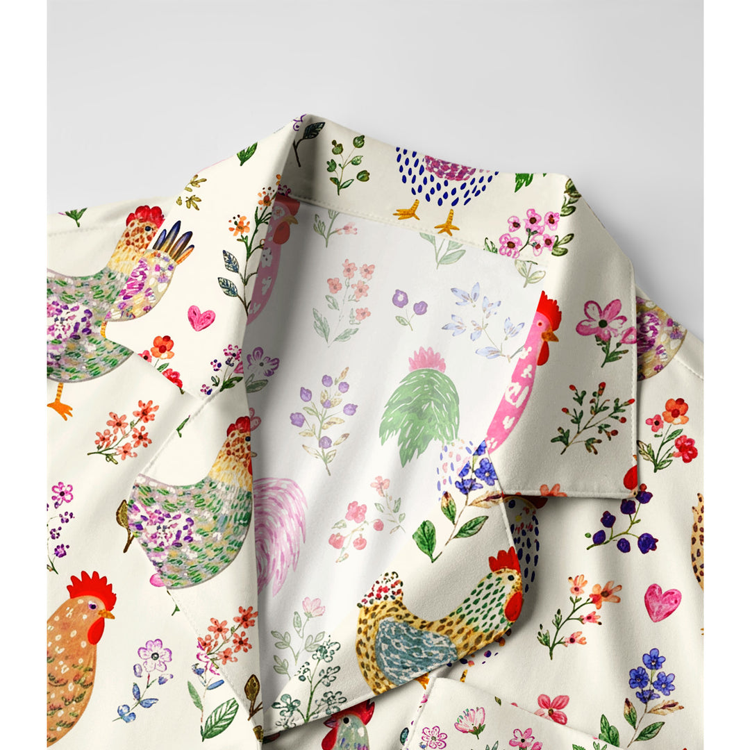Colorful Farm Chickens Print Long Pajama Set  Sale - CottonPoppy