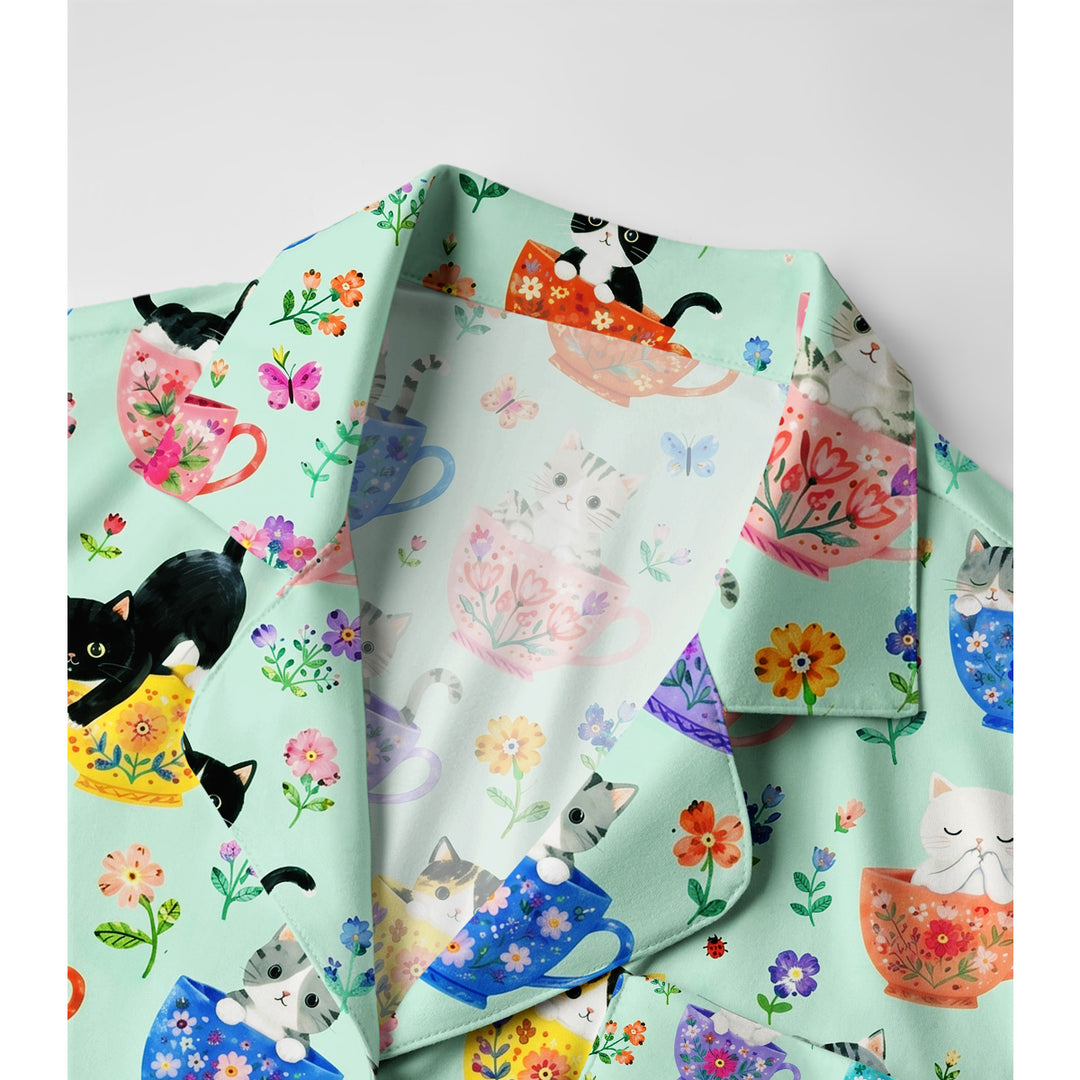Cute Teacup Kitten Print Long Pajama Set  Sale - CottonPoppy