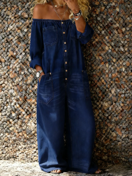 Noa | Denim yksiosainen puku Off-shoulder kaula-aukolla | Anne Helsinki